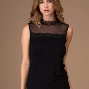 Lupetto smanicato in micromodal tulle e pizzo