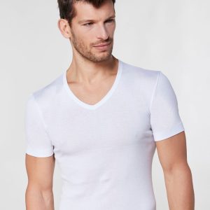 Maglia scollo V manica corta in cotone premium senza cuciture sui fianchi