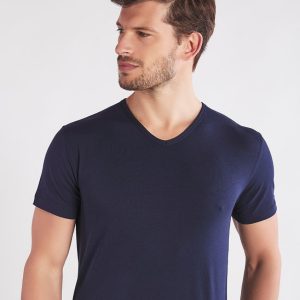 T-shirt scollo V in cotone bielastico