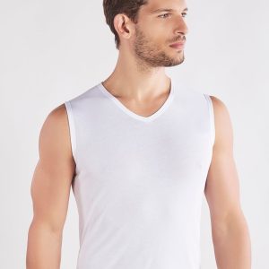 Maglia smanicata scollo V in cotone bielastico