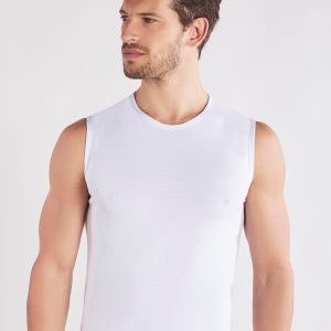 Maglia smanicata girocollo in cotone bielastico