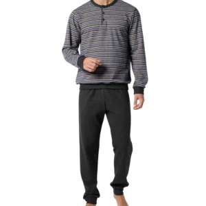 Pigiama Lungo Serafino in Soft Cotton con Fantasia Riga Multicolor VPRT93226 – Perofil