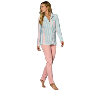 Pigiama Manica Lunga in Interlock di Cotone Aperto con Collo 92209 – Linclalor